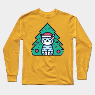 Meowy Catmas - Cute Blue Cat In A Green Christmas Tree Long Sleeve T-Shirt